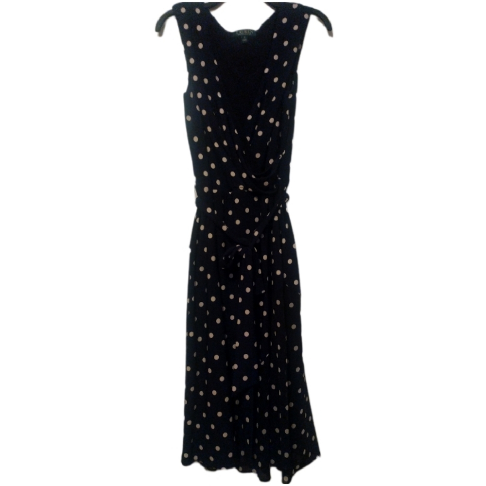 Lauren Ralph Lauren Blue Faux Wrap Polkadot Dress size 16